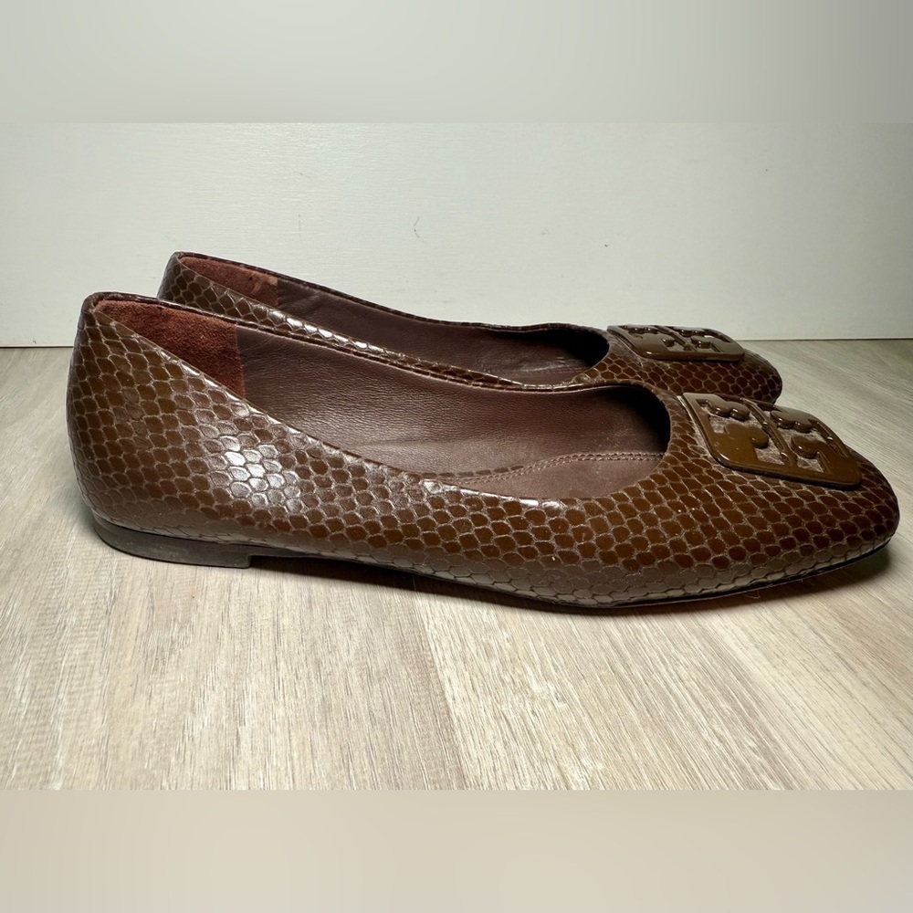 TORY BURCH Square-toe Shiny Snake Ballet Flats In Chocolate brown Sz 5.5M - Picture 5 of 7